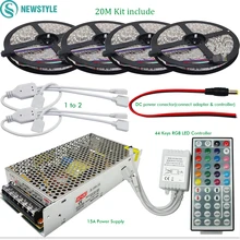 10M 20M DC12V Waterproof RGB LED Strip Flexible SMD 5050 + IR 44 Keys Remote Controller + 12V 15A Power Supply Transformer