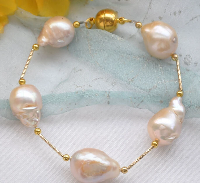 

huij 001672 pink BAROQUE KESHI REBORN PEARL gild 5star bracelet
