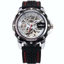 Winner Stainless Steel Silver Analog Skeleton Auto Mechanical Black Rubber Silicone Band Wrist Watches For Men
