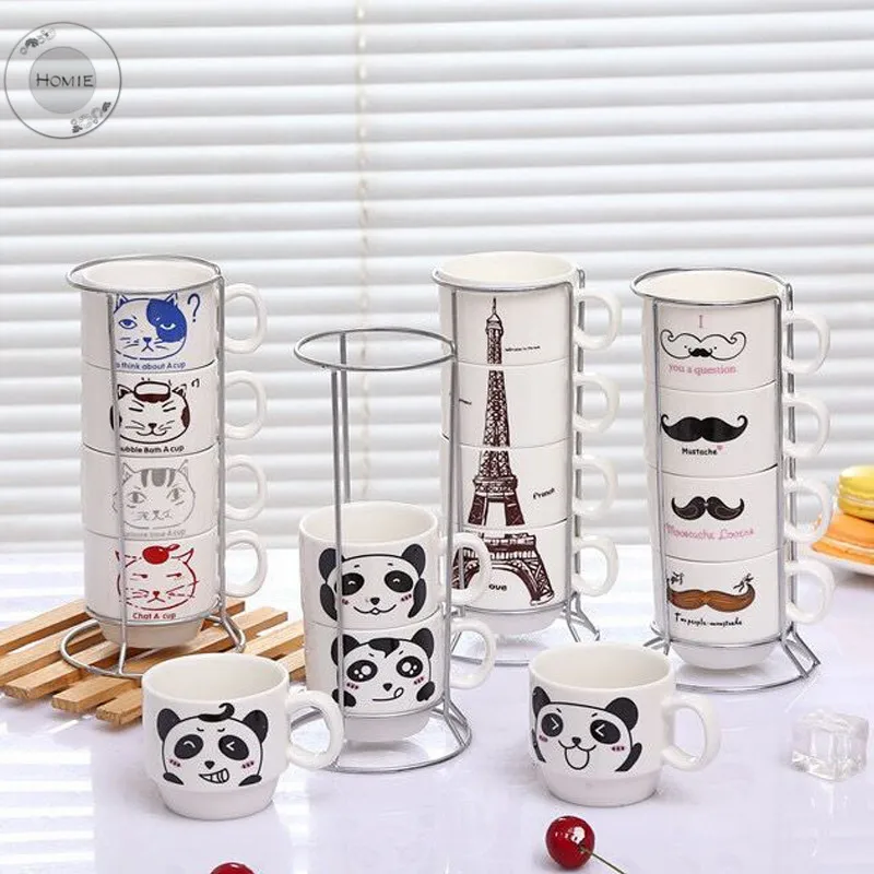

HOMIE Cute Cat animal Coffee Cup Set ceramics Mugs with Iron shelf creative Drinkware Coffee Tea CupsSimple Home Office Coffee