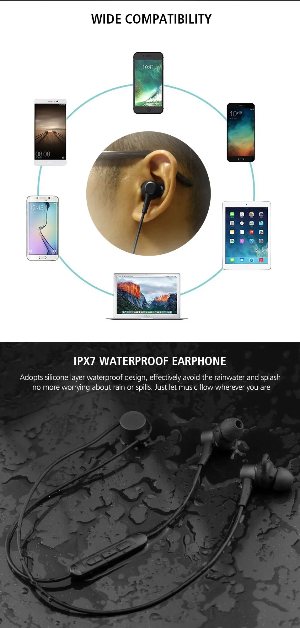Спортивные Bluetooth наушники плотно прилегающие к уху, Водонепроницаемый IPX7 Беспроводной наушники с шумоподавлением, Hi-Fi стерео гарнитура с микрофоном для iPhone Sumsung
