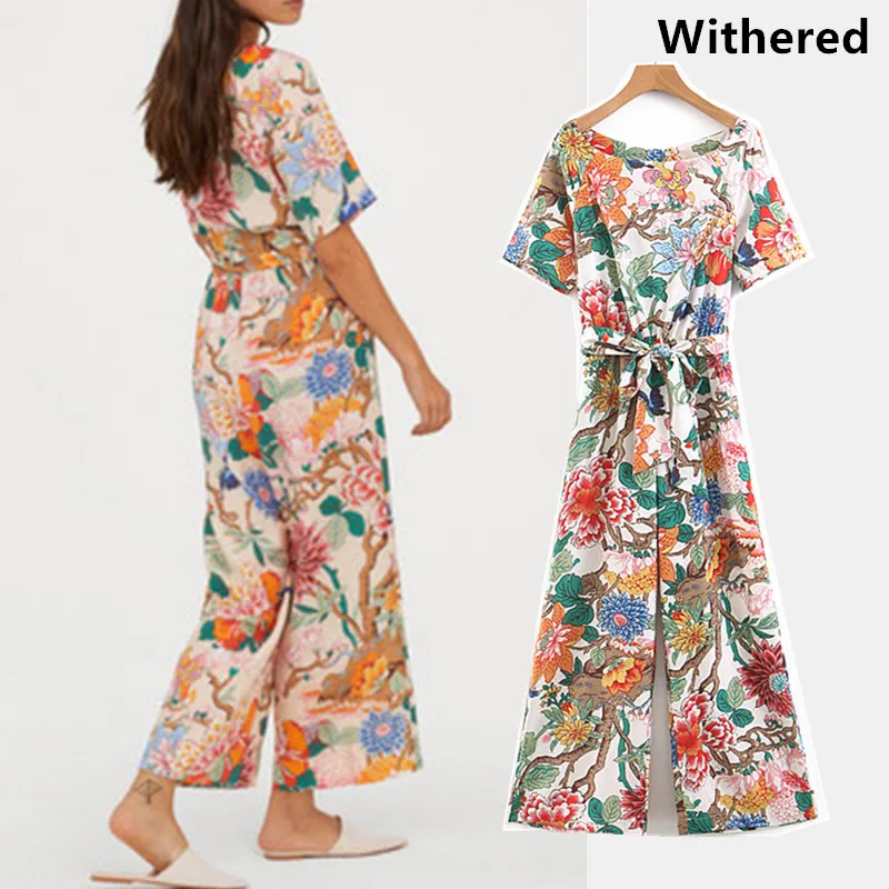 

Withered 2019 jumpsuit england style print floral drawstring sashes bow rompers womens jumpsuit 0602