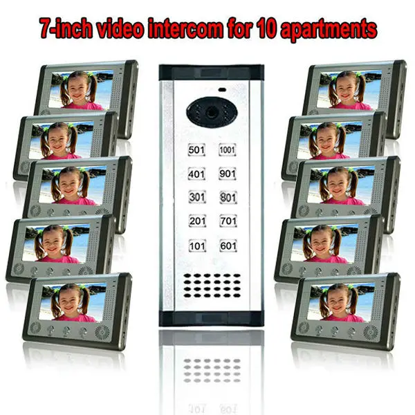 

7"TFT-LCD free disturb wired audio video door intercom system with night vision monitor doorbell for 10 apartments of 1 building