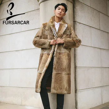 

FURSARCAR Full Pelt 100cm Long Natural Rex Rabbit Fur Jacket For Men Genuine Leather Fashion Rabbit Jacket Warm Fur Coats