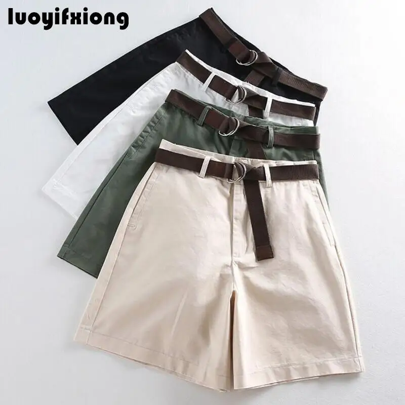 2019 Лето Высокая талия с поясом хлопок широкие брюки шорты женские корейские белые черные зеленые повседневные нижние женские шорты плюс