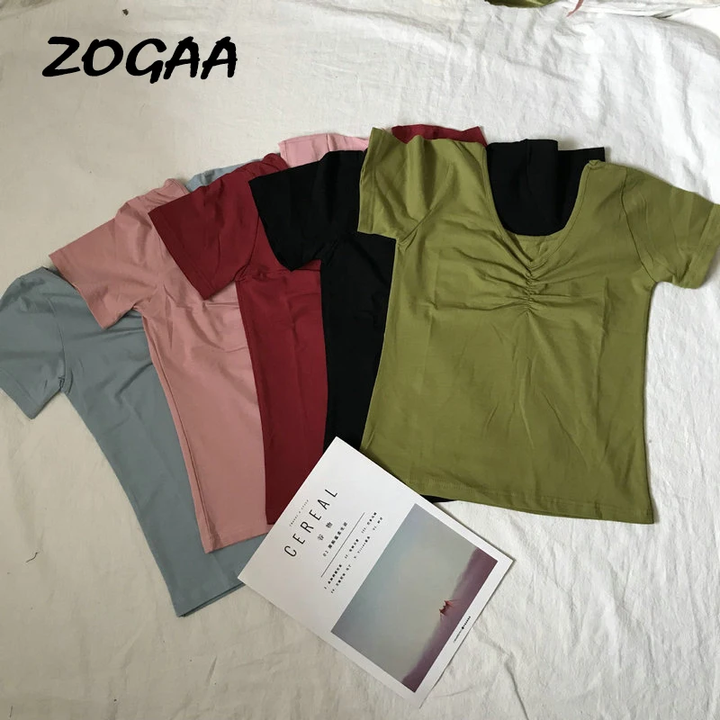 

ZOGAA Women Pleated Solid T-Shirts Korean Casual V-Neck Fashion Short Sleeve T Shirts Harajuku Tops Camisetas Verano Mujer 2019
