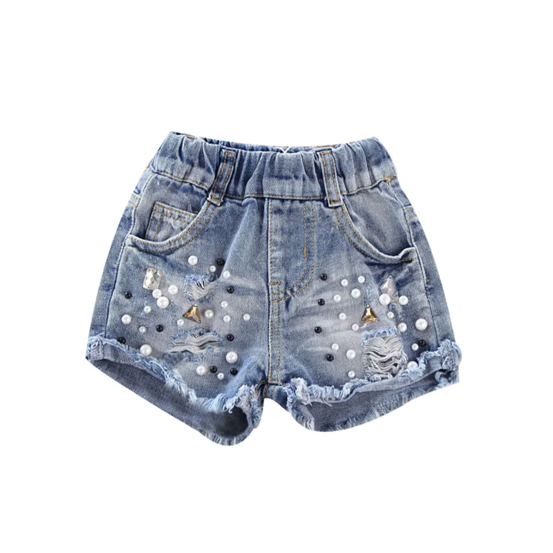 Милые шорты для девочек джинсовые рваные джинсы с жемчугом Короткие штаны летние детские брюки Одежда для девочек - Цвет: Синий