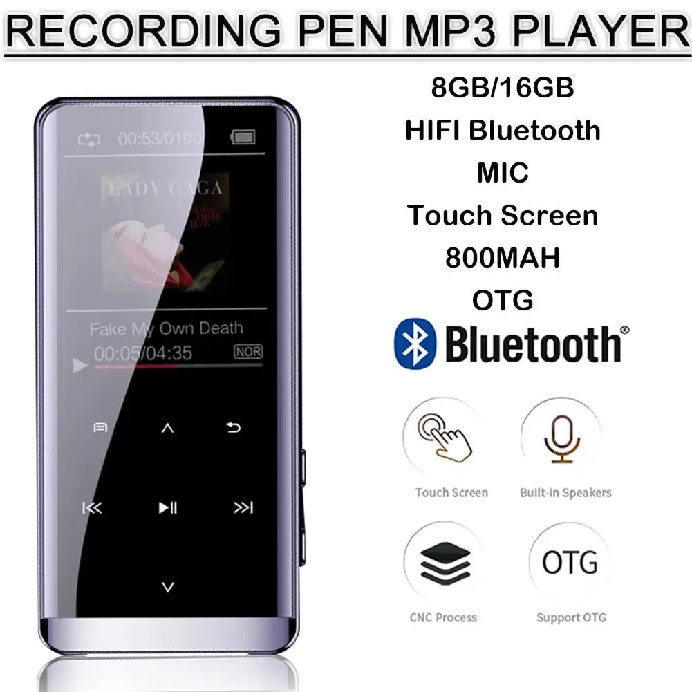 

OTG MP3 Player Voice Recorder Bluetooth 4.2 Touch Screen 1.8inch Portable HIFI 5D Music Player 8GB/16G Ultra Thin MP3 Player FM