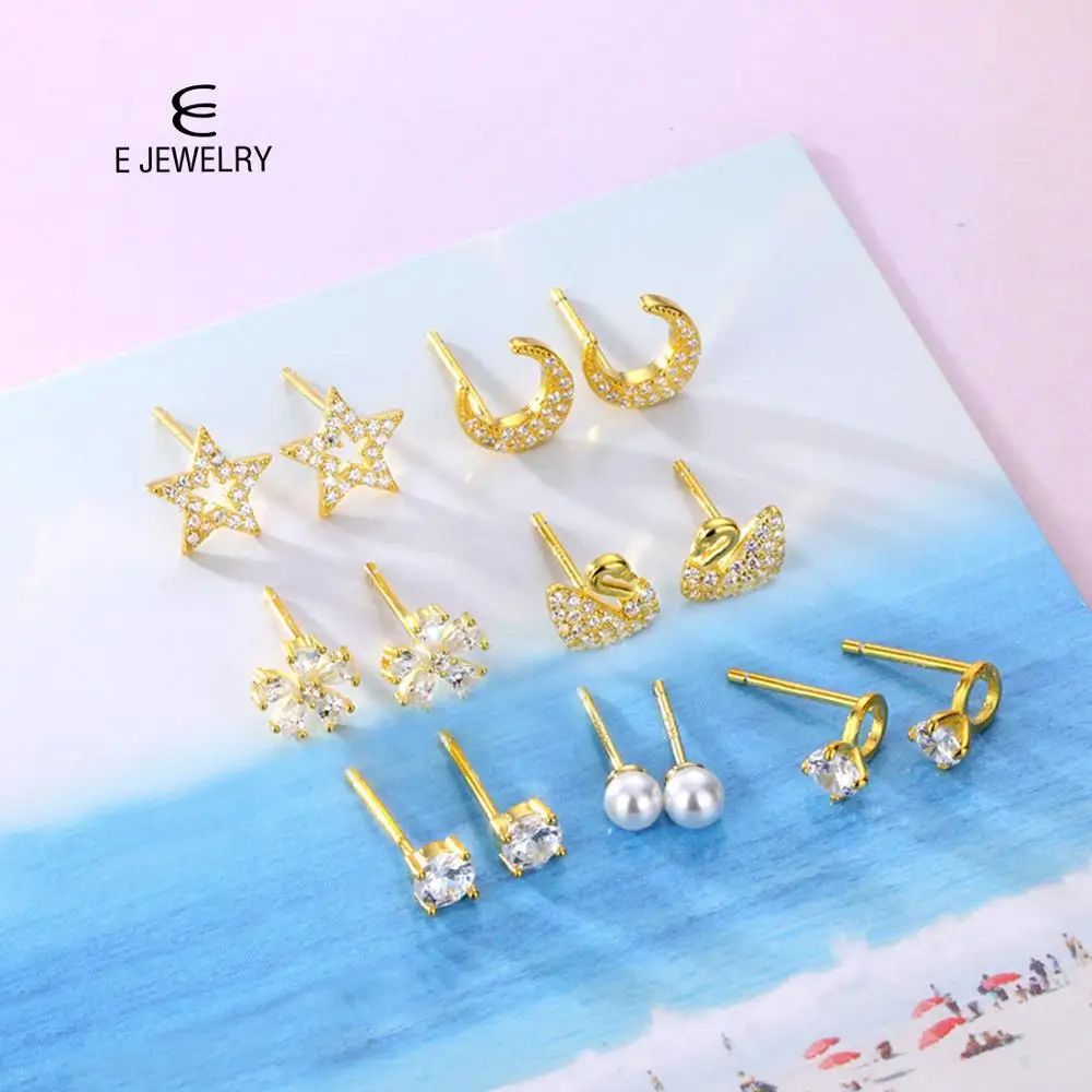 

E Jewelry 925 Sterling Silver 18K Gold Plated Stud Earrings with AAA Cubic Zirconia 7Pairs/Set Weekly Earring For Women