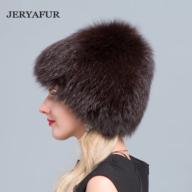JERYAFUR новые русские кепки «Бомер» женские зимние меховые шапки из натурального Лисьего меха вязаные женские шапки из меха серебристой лисы