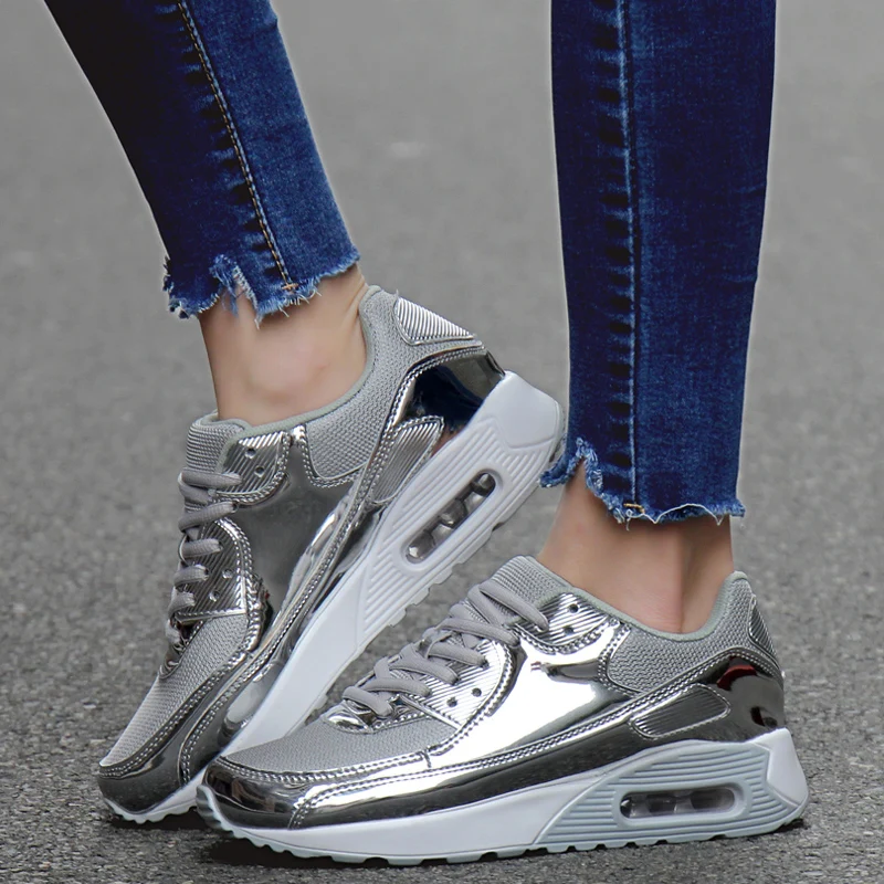 

Tenis Feminino2019 Women Breathable Mesh Vulcanized Shoes Couple Gold Sliver Casual Shoes Male Air Cushion Sneakers Basket Femme