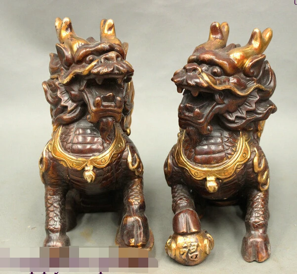 

shitou 002716 8 FengShui Chinese Bronze Gilt Wealth YuanBao Wing Dragon Kylin Ball Statue Pair discount 30% (C0324)