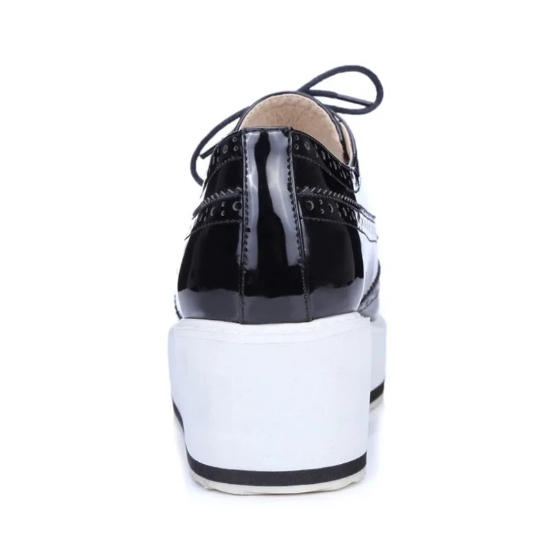 Plus Size 32-48 Women Pumps Oxfords Fashion Patent Leather Wedges Women Shoes Black Silver Lace Up Ladies Brogue Shoes High Heel (1)
