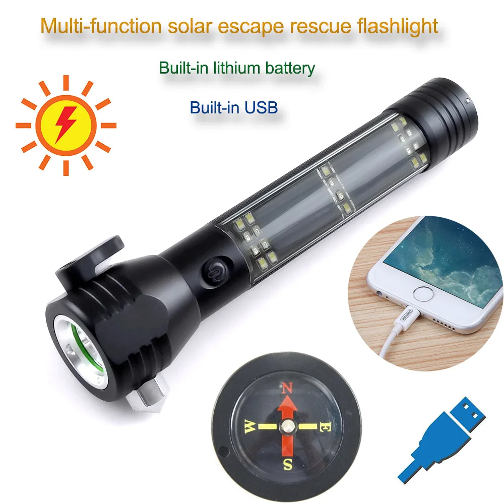

Cree R5 3800LM Multifunctional Solar Waterproof Rechargeable Led Flashlight with Safety Hammer Power Bank Function