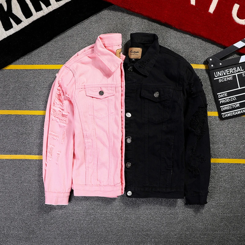 WJCCY M- 5XL Denim Jacket Men Ripped Holes Mens Pink Jean Jackets Garment  Washed Mens Denim Coat (Color : A, Size : L)