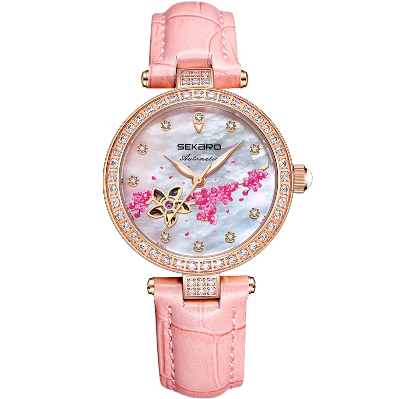 Sekaro, женские автоматические часы, цветочный дизайн, часы, женские механические наручные часы, Топ бренд, роскошные женские часы, Relogio Feminino - Цвет: Pink