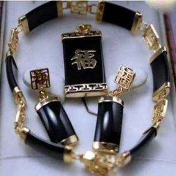 

New Women's Beautiful black jade pendant bracelet earring Jewellery set