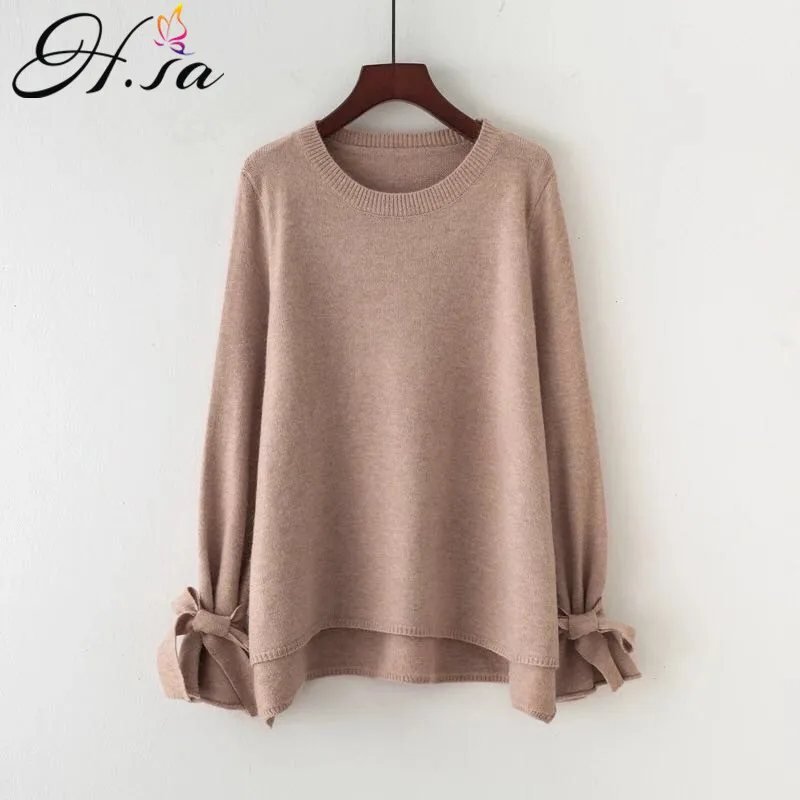 HSA 2018 Women Korean Fashion Pull Sweaters Oneck Flare Sleeve Knitwear Irregular Loose Jumpers Bow Cute Solid Pullover Tops