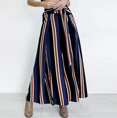 

Wide Leg Pants Drawstring Women Elastic High Waist Striped Casual Cotton Pants Navy Blue Summer Women Clothing P56962