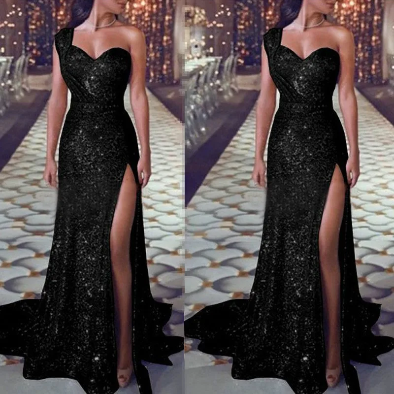 S-5XL вечернее платье большого размера, платье в пол, комплект женской одежды, длинное платье с блестками на одно плечо, халат с блестками - Цвет: Черный