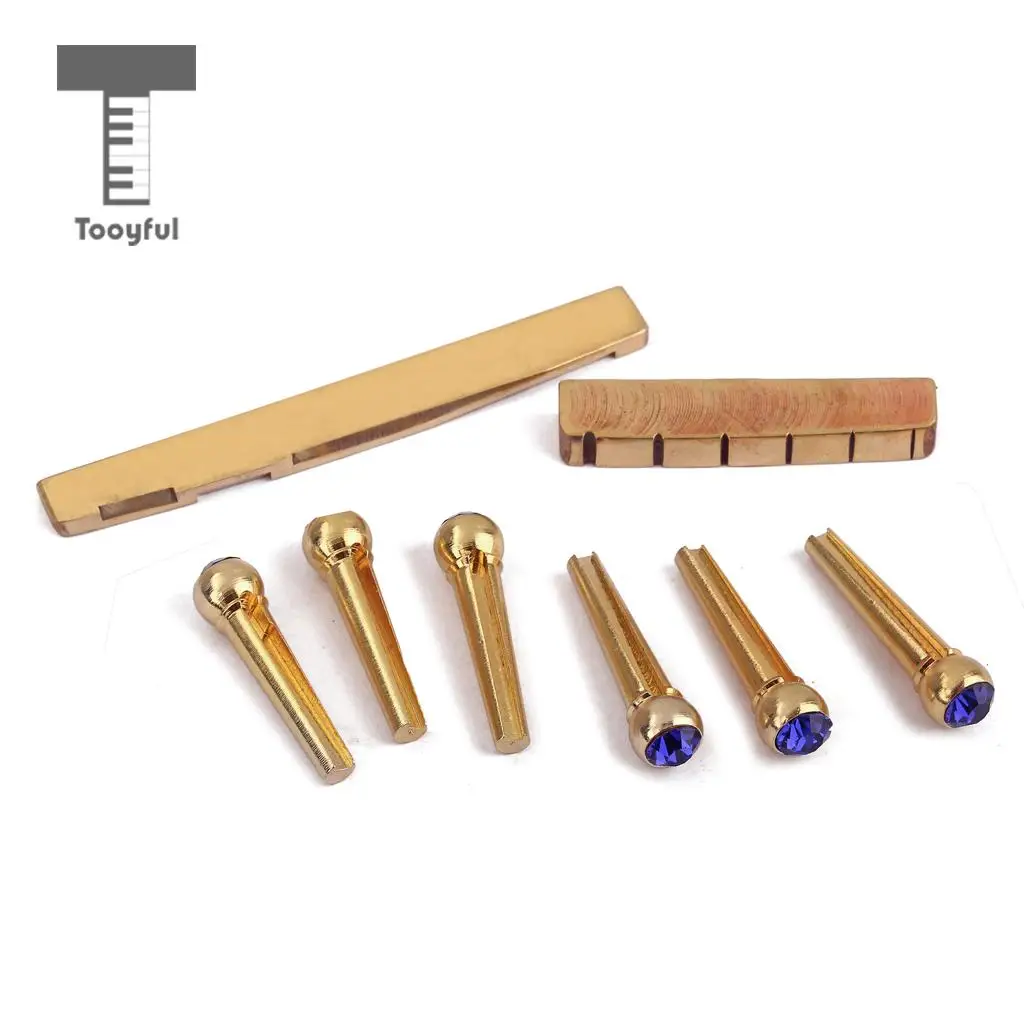 Tooyful Brass Slotted Saddle Nut with Blue Opal Bridge Pins Set for Acoustic Folk Guitar Replacement Parts