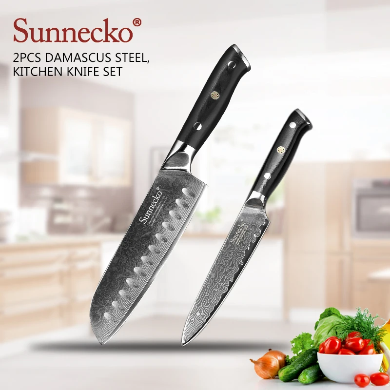 

SUNNECKO 2PCS Kitchen Knives Set 7"Santoku 5"Utility Knife Japanese Damascus VG10 Steel Razor Sharp Cutting Tools G10 Handle
