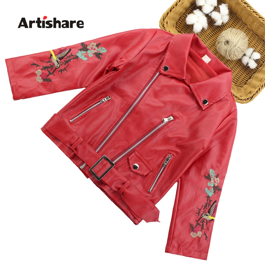 

Girls Pu Leather Jacket Embroidery Flower Girls Outerwear Autumn Chic Children Kids Punk Clothes Coats 6 7 8 9 10 11 12 13 Years