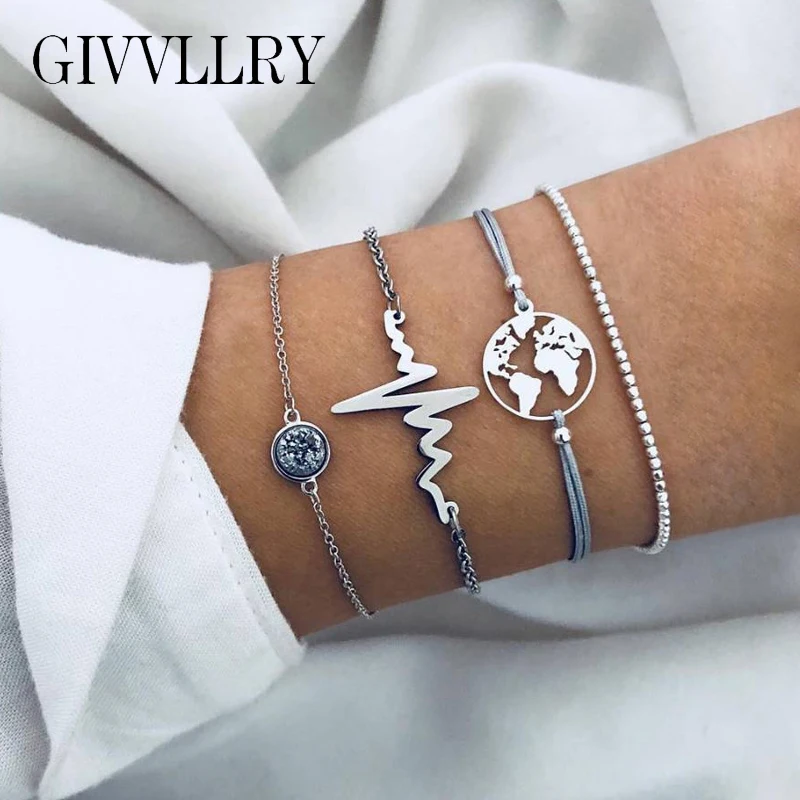 

GIVVLLRY 4 pcs/Set Punk World Map Charm Bracelets for Women Multilayered Gray Crystal Lightning Bracelet Set Charm Boho Jewelry