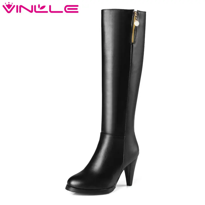

VINLLE 2018 Women Boots Elegant Knee High Boot Thin High Heel Pointed Toe Princess Style Ladies Motorcycle Shoes Size 34-43