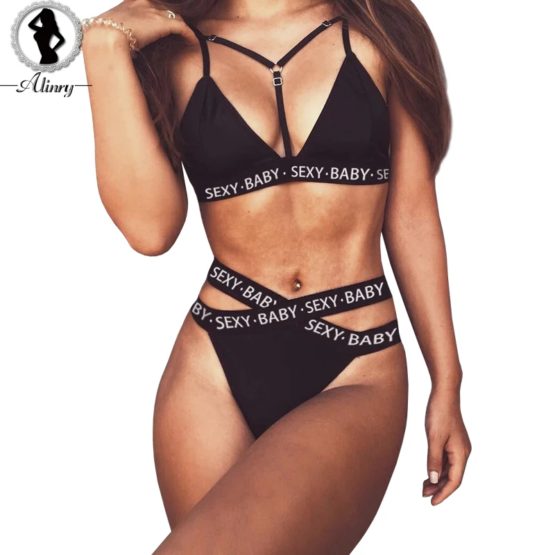 

ALINRY New Plus size sexy bras women black cross bandage deep-V bra+brief hollow out push up bralette backless brasier mujer set