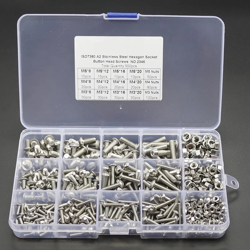 500pcs M3 M4 M5 A2 Stainless Steel ISO7380 Button Head Hex Bolts Hexagon Socket Screws With Nuts Assortment Kit