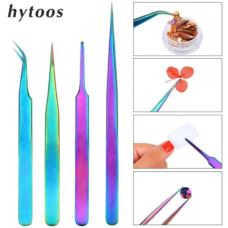 

HYTOOS 1Pc Laser Rainbow Stainless Steel Tweezers Anti-Static Curved Straight Eyelash Nippers Tweezer Manicure Picking Tool