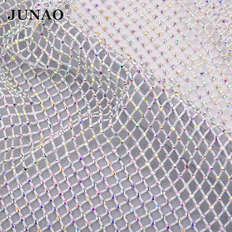 JUNAO 30*40cm Glitter White AB Glass Rhinestone Trim Fabric Crystal