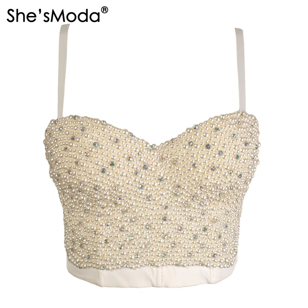

She'sModa Hand-made Pearls Jewel Diamond Bralet Women's Bustier Bra Cropped Top Vest Plus Size