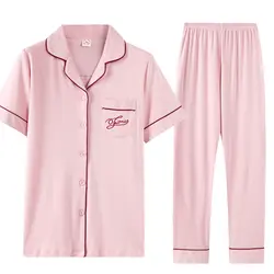 Летние повседневные 100% хлопковые женские пижамные комплекты милые розовые топы с короткими рукавами + длинные штаны 2 шт. пижамы Женская