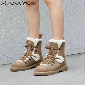 

EshtonShero Women Snow Boots Shoes Fur Plush Low Heels Lace Up Warm Round Toe Women Shoes Ladies Casual Ankle Boots Size 3-9