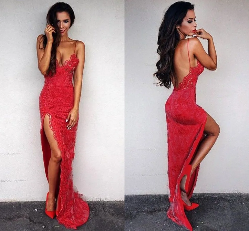 

Red Long Sexy Lace Prom Dresses With Spaghetti Straps High Split Backless Teens Formal Evening Prom Gowns Elegant Simple New