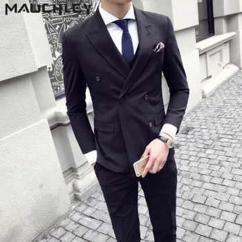 

Formal Wedding Prom Dress Suits Slim Fit 3 Pieces Double Breasted Suits Mens Black Pinstripe Tuxedo Mens Suits With Pants 2019