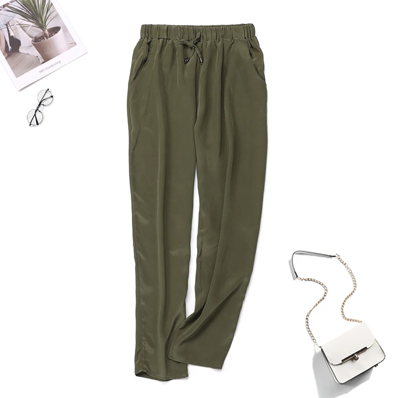 

2019 Summer New silk trousers 100 natural silk drawstring casual Pants simple harlan pants double pocket Girl