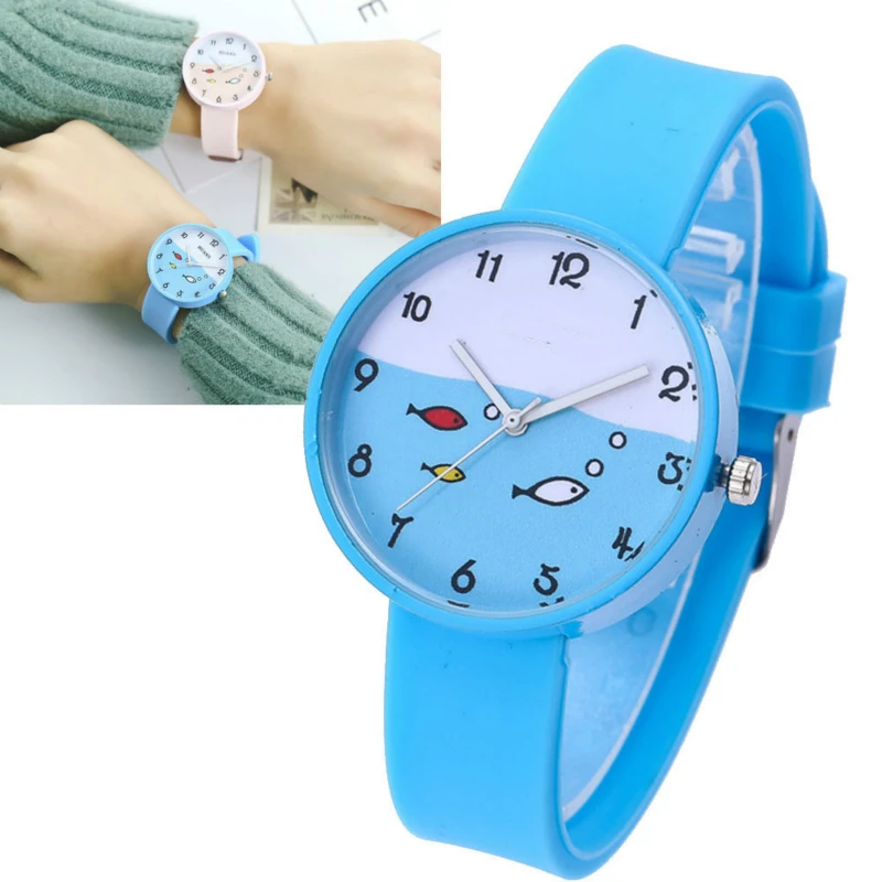 Оптовая продажа! Модные трендовые цветные часы с рыбным циферблатом для девочек, студентов, детей, новинка 2019 года, повседневные кварцевые