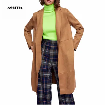 

2019 Winter Suede Coat Women Long Jackets Blends Outerwear Causual Coats