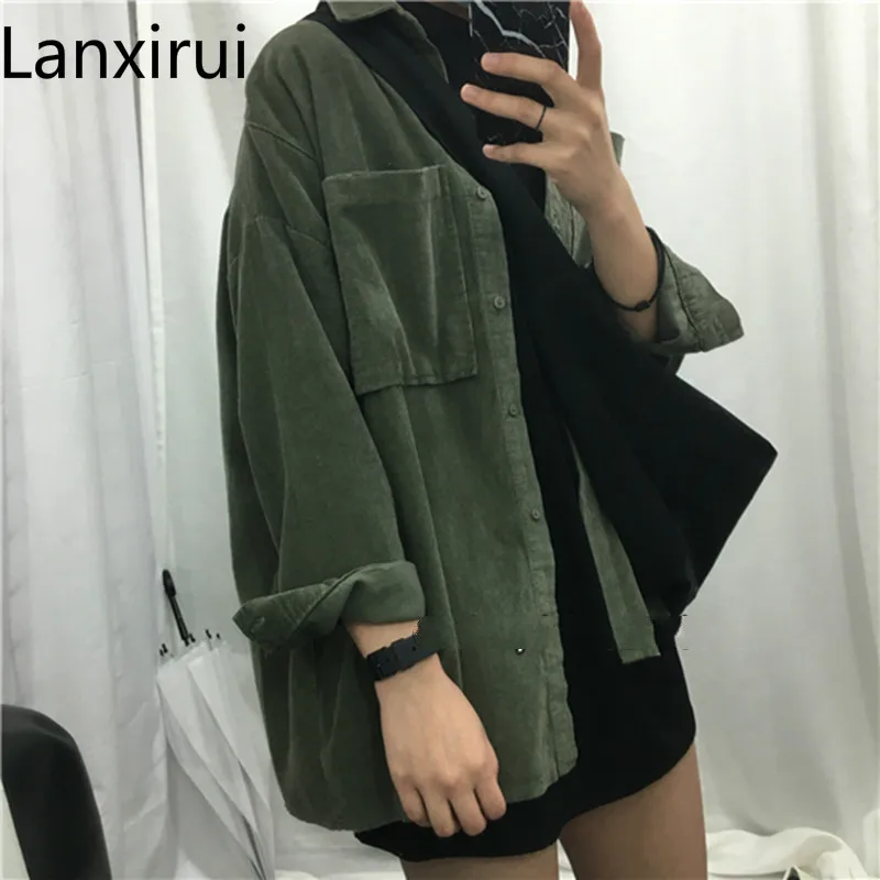 amazing Fashion Women New Corduroy Turn-down Collar Females Cotton Loose Womens Solid Color Overcoat Wind J