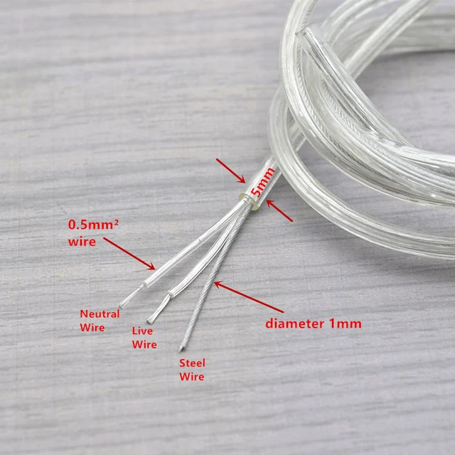 0.5mm square transparent clear color power cord with steel wire rope  Electrical Wires ceiling lamp cable for led pendant lights