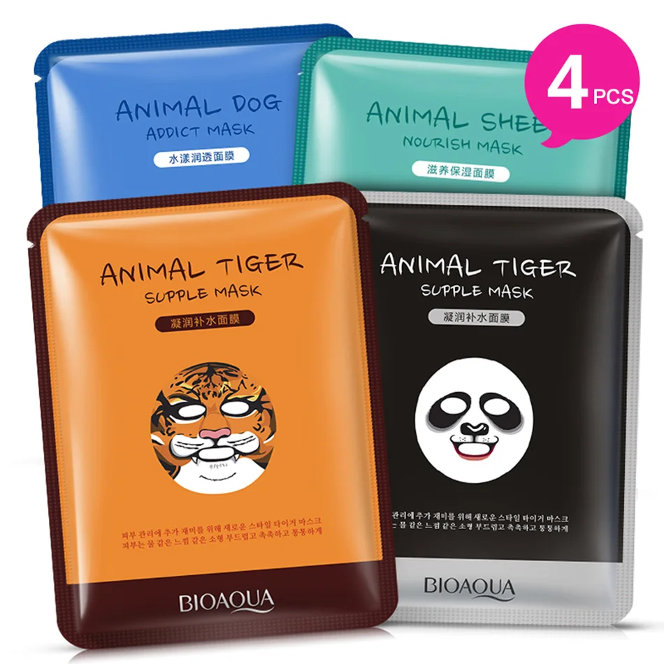 

BIOAQUA 4Pcs Tiger Panda Sheep Dog Shape Animal Face Mask Moisturizing Oil Control Hydrating Nourishing Facial Masks For Women