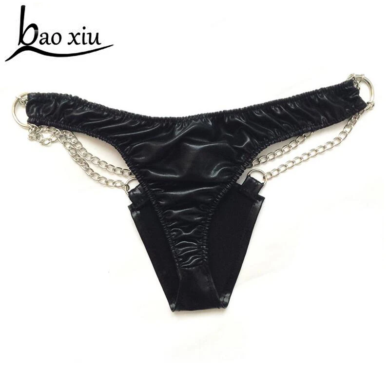 Women Bikini Jockstraps Lingerie Briefs Underwear Underpants Low-Waist Strech Mini Sexy Leather Panties Tassel Chains Clubwear