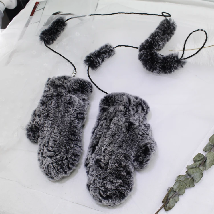

FXFURS Real Rex Rabbit Fur Knitted Winter Warm Gloves Mittens with Hanging String Fashion for Women Female