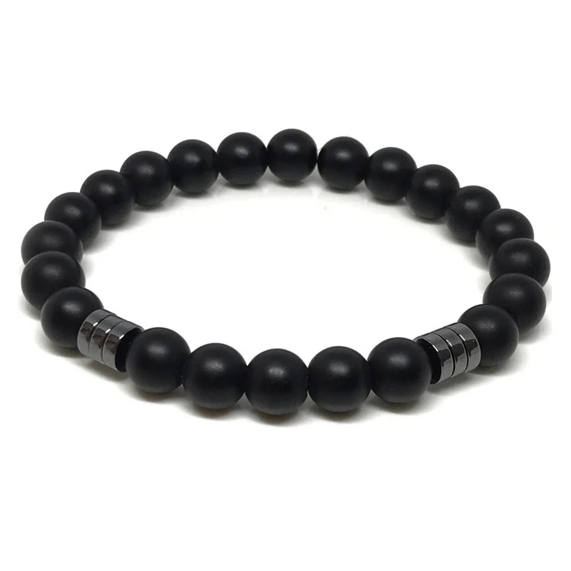 

IRBACOO 2018 Brand Fashion Men Bracelet Black Matte Natural Stone Beads With Flat Hematite Charm Elastic Strand Bracelet For Men