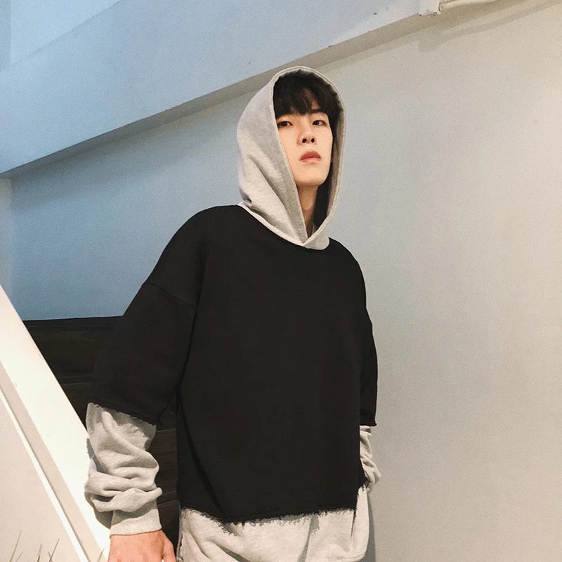 

2018 Spring Hot Sell Fashion Youth Pop Men Hoodie False Two Paper Loose Pullovers Gray/Army Green Pullover Sweatshirt