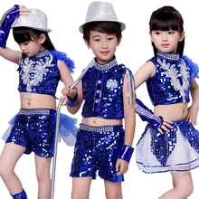 Детская одежда с пайетками, комплект для детей, сценическое шоу, джазовый танец, блестящая подвеска одежда Кепка, жилет, брюки для мальчиков и девочек, сценическое платье