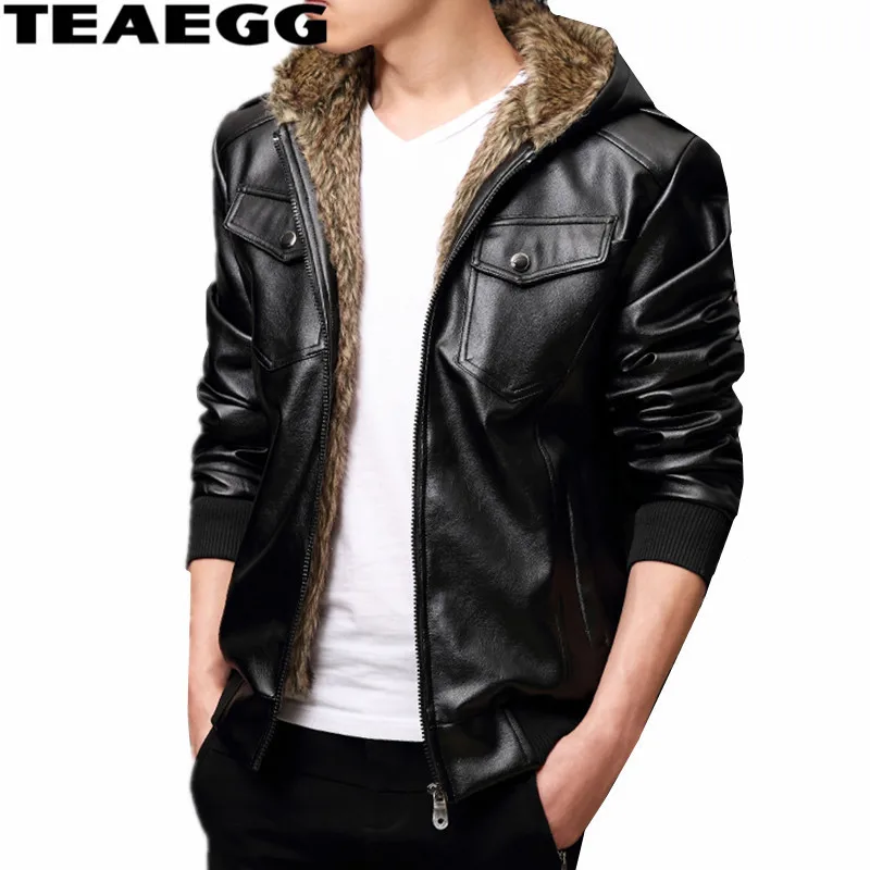 TEAEGG Мужская зимняя кожаная куртка с капюшоном, парка, теплая черная Мужская куртка с искусственным мехом, Chaquetas De Cuero Hombre размера плюс 3XL AL1535